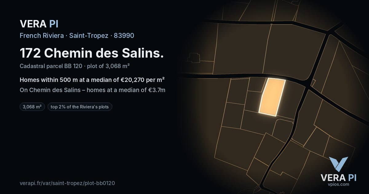 172 Chemin des Salins, Saint-Tropez at night – the plot lit, the parcels around coloured by the prices near them