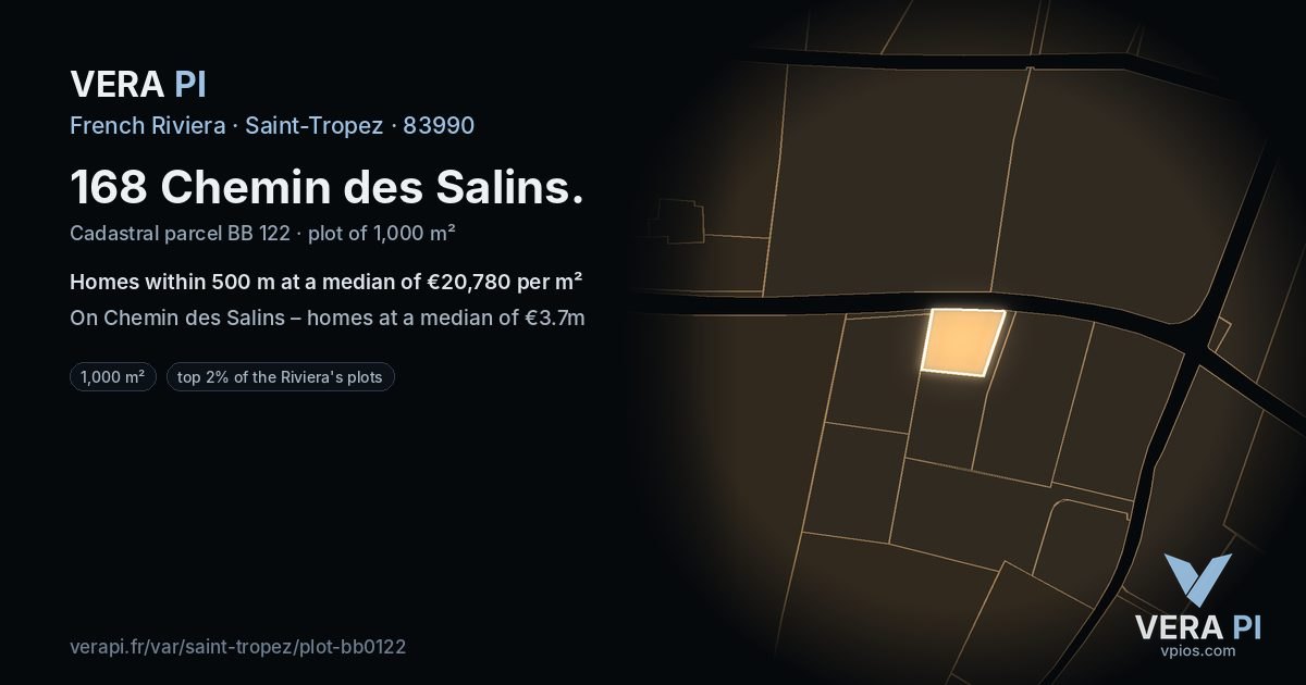 168 Chemin des Salins, Saint-Tropez at night – the plot lit, the parcels around coloured by the prices near them