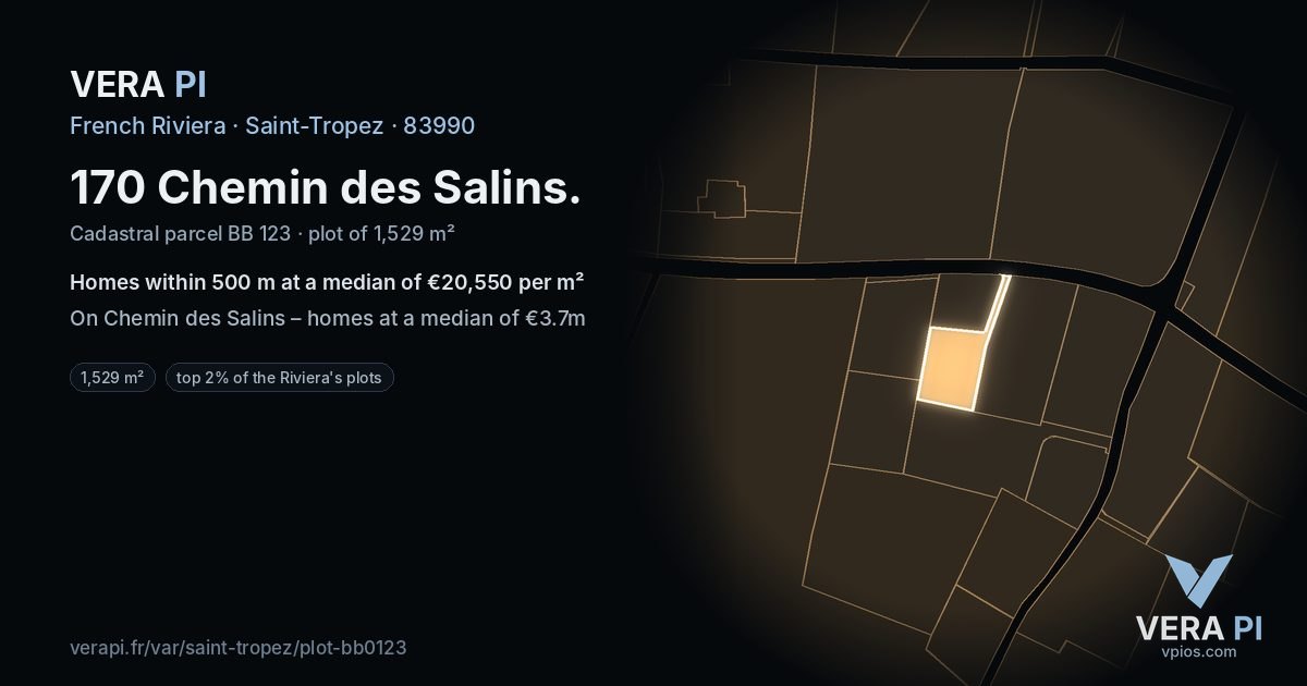 170 Chemin des Salins, Saint-Tropez at night – the plot lit, the parcels around coloured by the prices near them