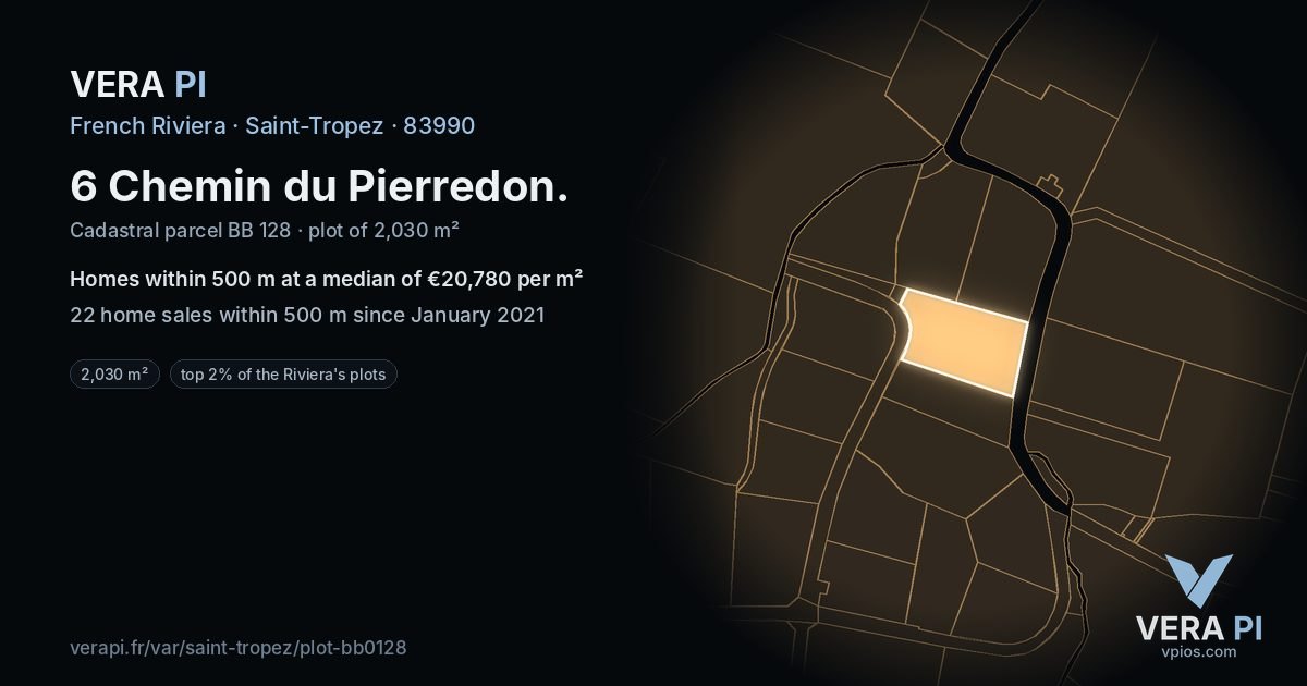6 Chemin du Pierredon, Saint-Tropez at night – the plot lit, the parcels around coloured by the prices near them