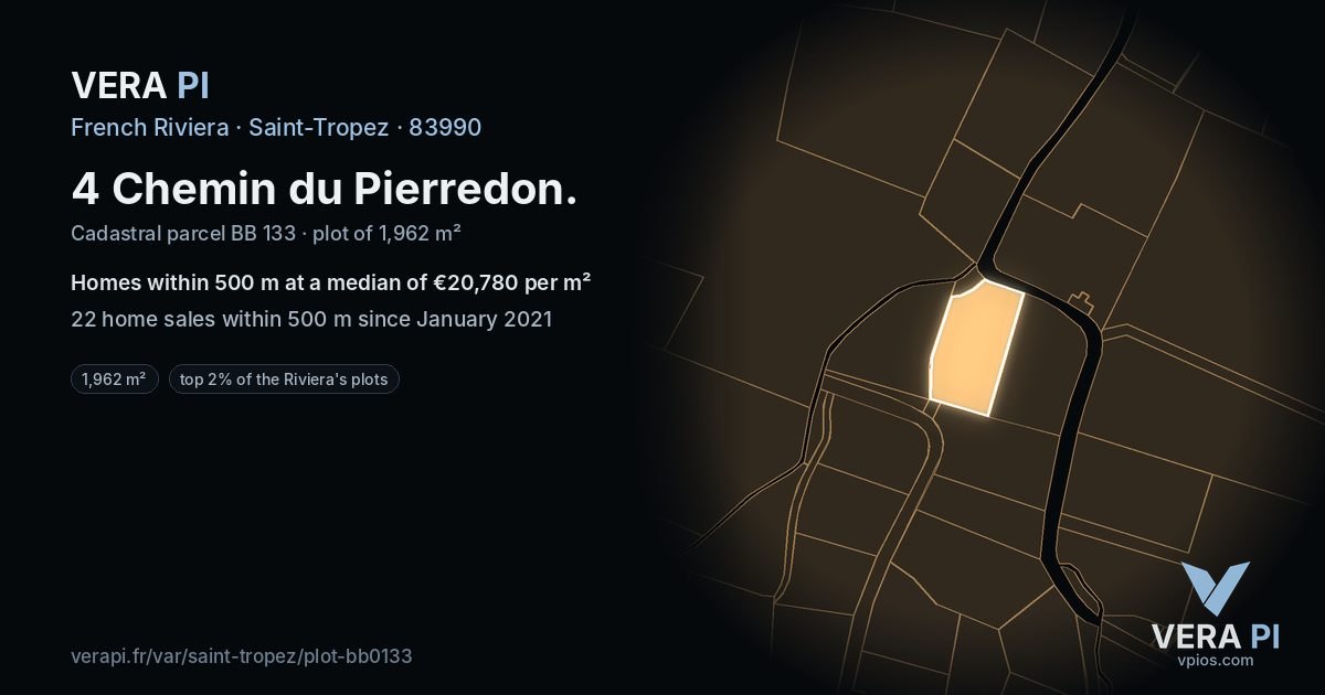 4 Chemin du Pierredon, Saint-Tropez at night – the plot lit, the parcels around coloured by the prices near them