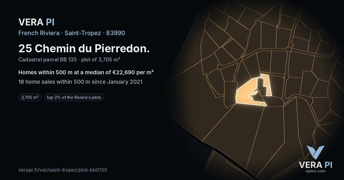 25 Chemin du Pierredon, Saint-Tropez at night – the plot lit, the parcels around coloured by the prices near them