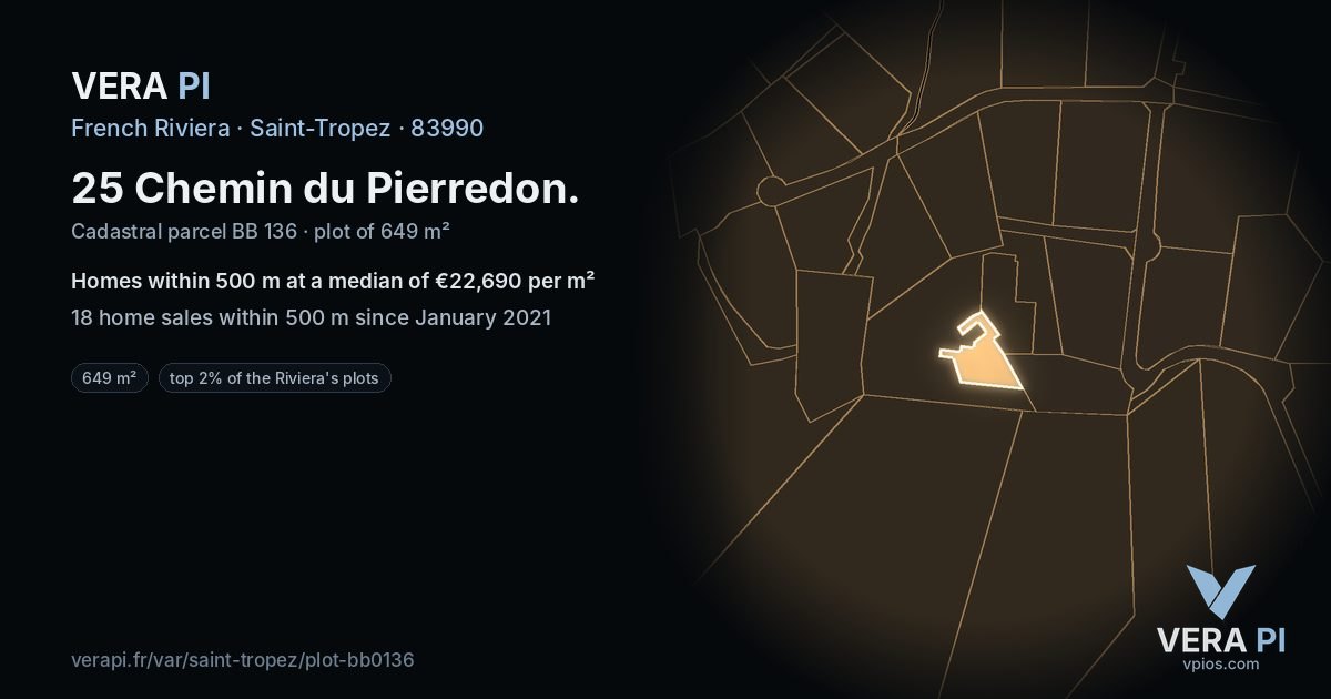 25 Chemin du Pierredon, Saint-Tropez at night – the plot lit, the parcels around coloured by the prices near them