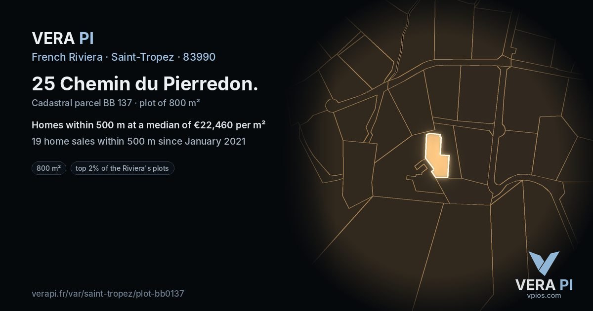 25 Chemin du Pierredon, Saint-Tropez at night – the plot lit, the parcels around coloured by the prices near them