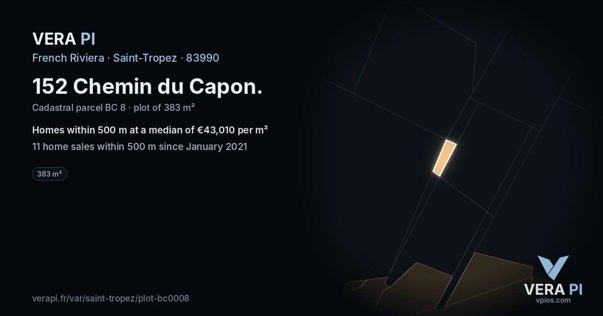 152 Chemin du Capon, Saint-Tropez at night – the plot lit, the parcels around coloured by the prices near them
