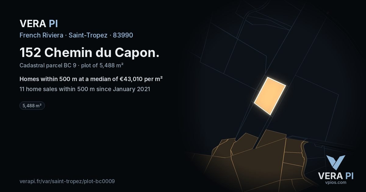 152 Chemin du Capon, Saint-Tropez at night – the plot lit, the parcels around coloured by the prices near them