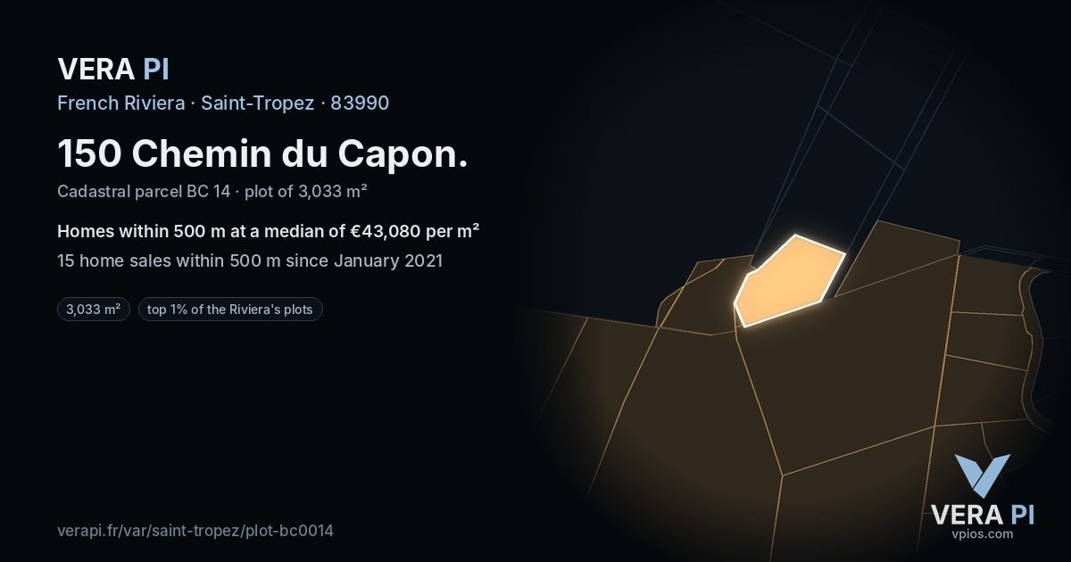 150 Chemin du Capon, Saint-Tropez at night – the plot lit, the parcels around coloured by the prices near them