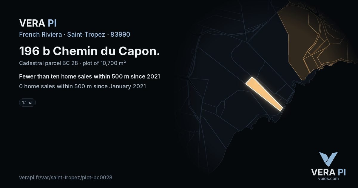 196 b Chemin du Capon, Saint-Tropez at night – the plot lit, the parcels around coloured by the prices near them