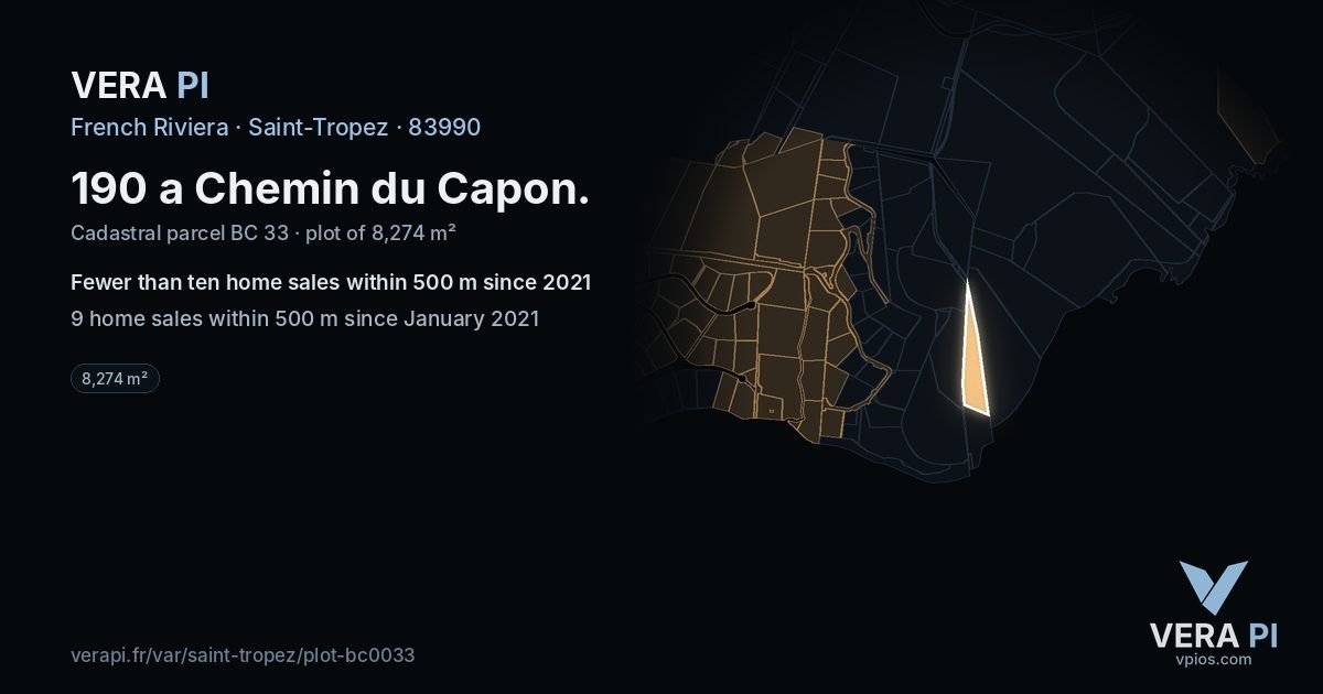 190 a Chemin du Capon, Saint-Tropez at night – the plot lit, the parcels around coloured by the prices near them
