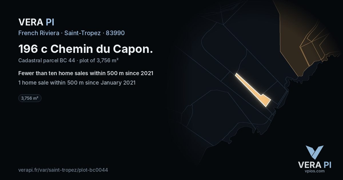 196 c Chemin du Capon, Saint-Tropez at night – the plot lit, the parcels around coloured by the prices near them