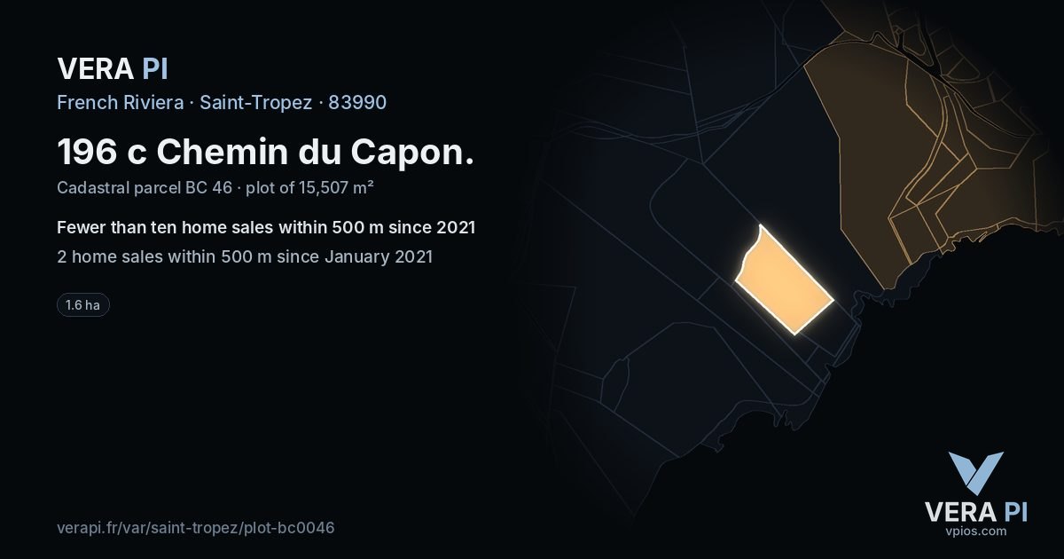 196 c Chemin du Capon, Saint-Tropez at night – the plot lit, the parcels around coloured by the prices near them