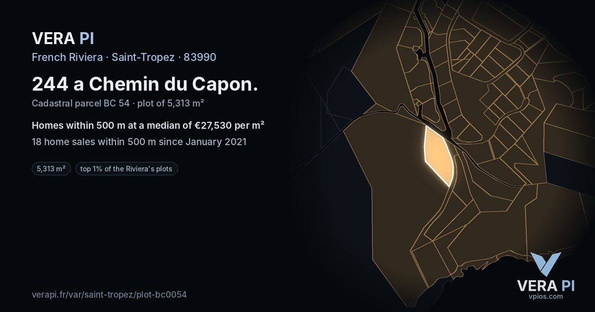 244 a Chemin du Capon, Saint-Tropez at night – the plot lit, the parcels around coloured by the prices near them