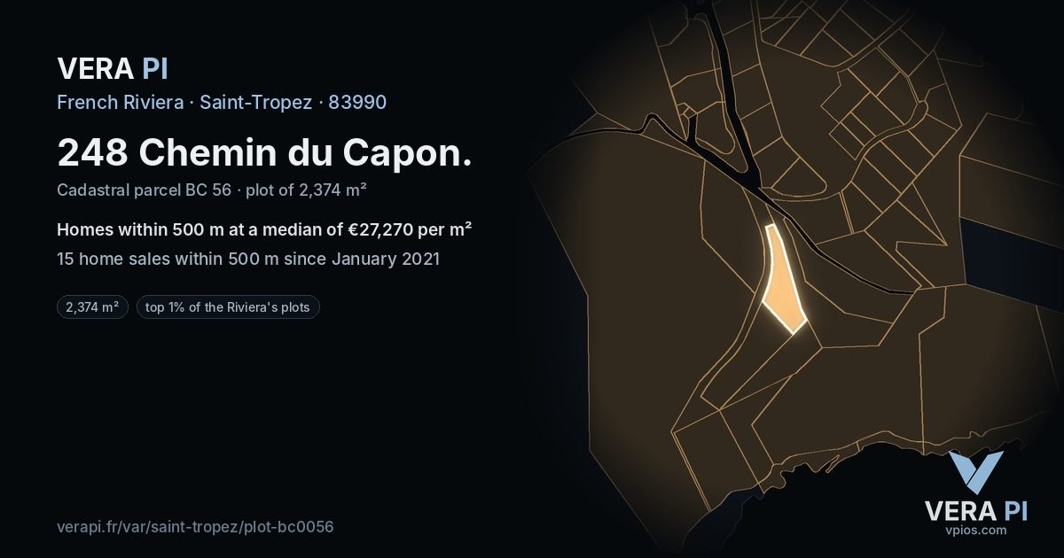 248 Chemin du Capon, Saint-Tropez at night – the plot lit, the parcels around coloured by the prices near them
