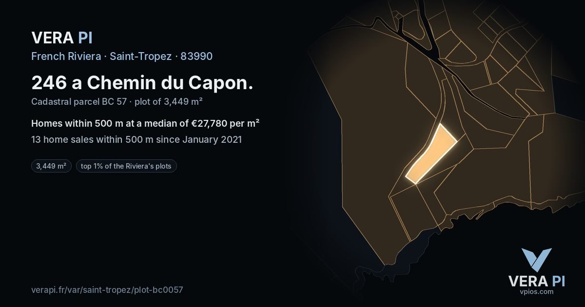 246 a Chemin du Capon, Saint-Tropez at night – the plot lit, the parcels around coloured by the prices near them