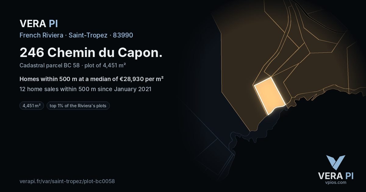246 Chemin du Capon, Saint-Tropez at night – the plot lit, the parcels around coloured by the prices near them