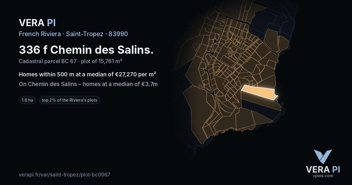 336 f Chemin des Salins, Saint-Tropez at night – the plot lit, the parcels around coloured by the prices near them