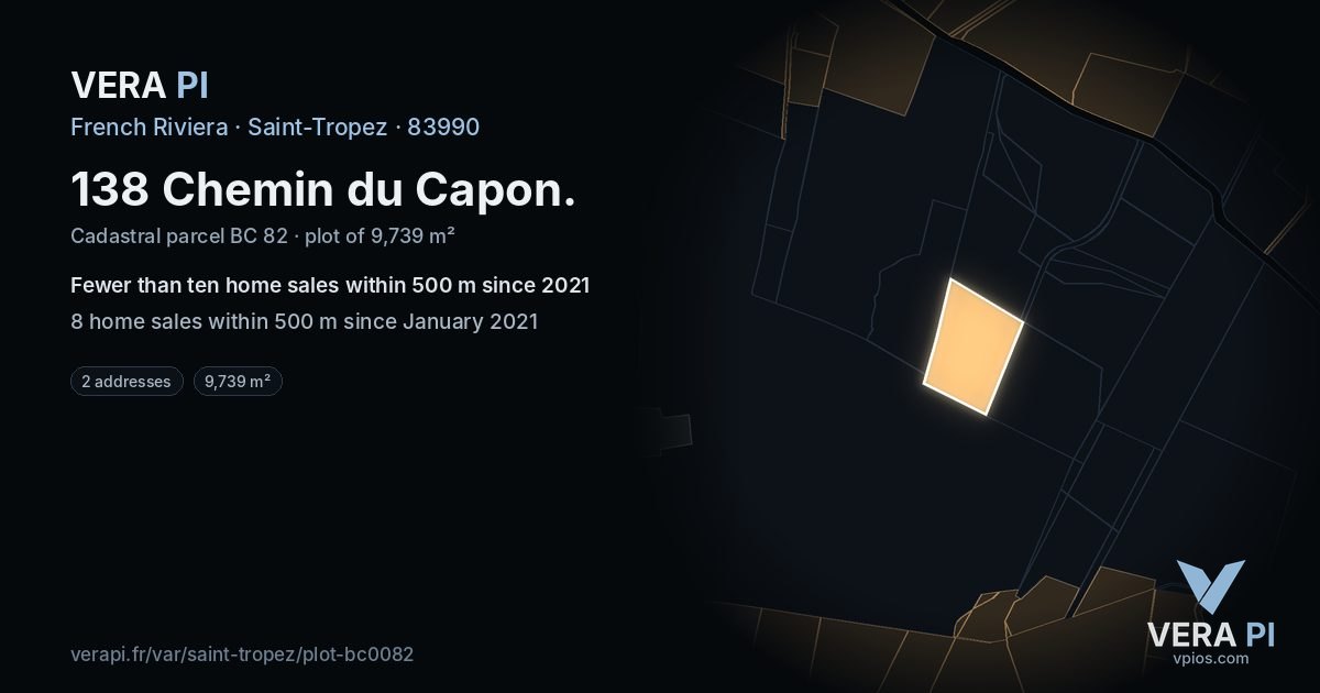 138 Chemin du Capon, Saint-Tropez at night – the plot lit, the parcels around coloured by the prices near them