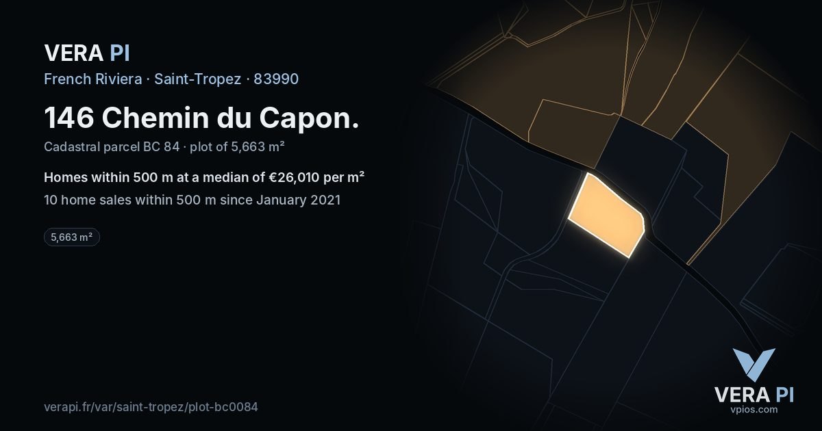 146 Chemin du Capon, Saint-Tropez at night – the plot lit, the parcels around coloured by the prices near them
