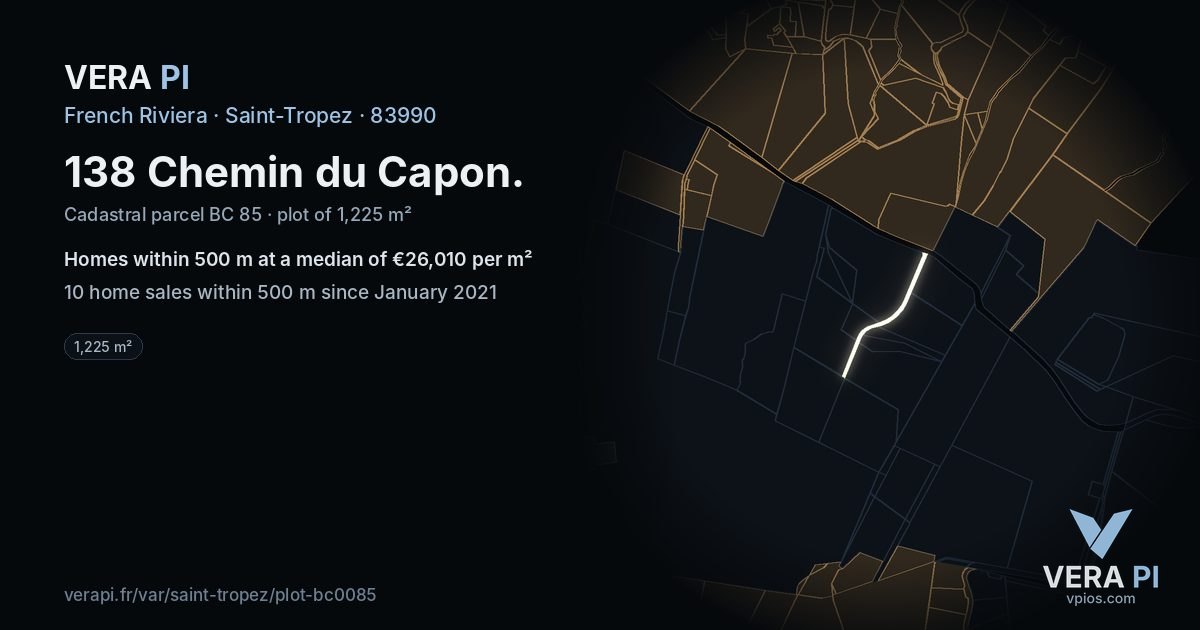 138 Chemin du Capon, Saint-Tropez at night – the plot lit, the parcels around coloured by the prices near them