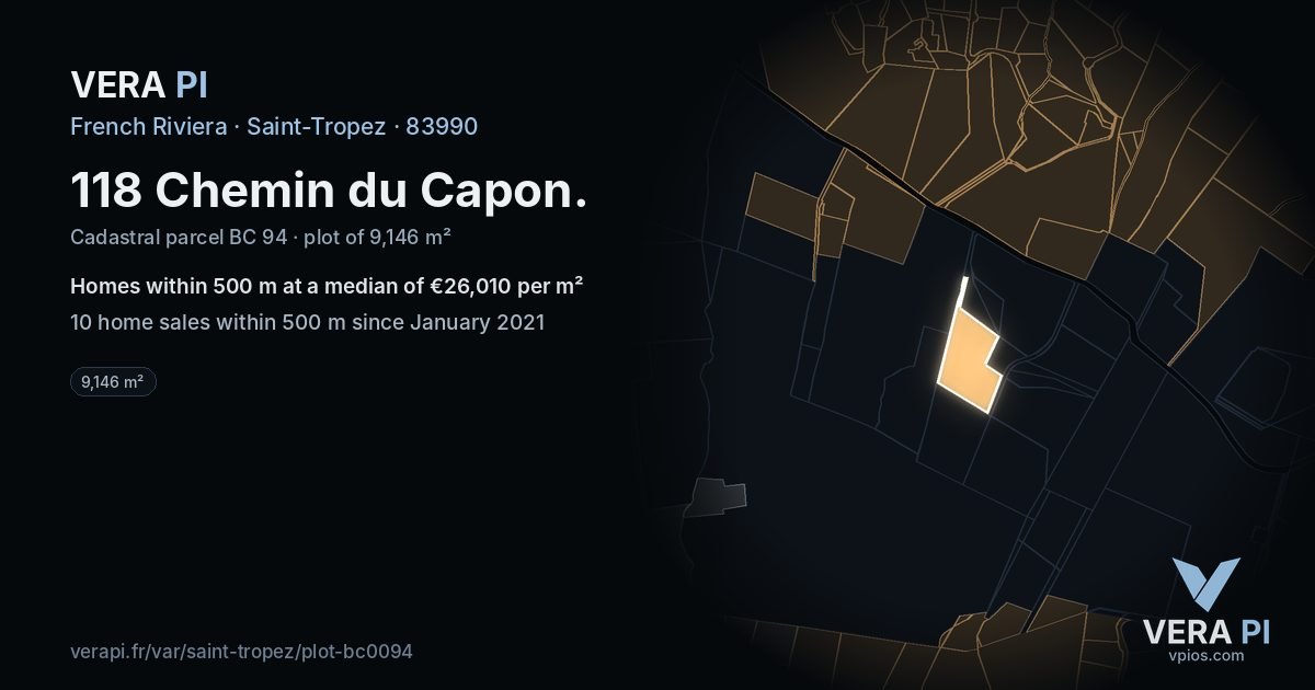 118 Chemin du Capon, Saint-Tropez at night – the plot lit, the parcels around coloured by the prices near them
