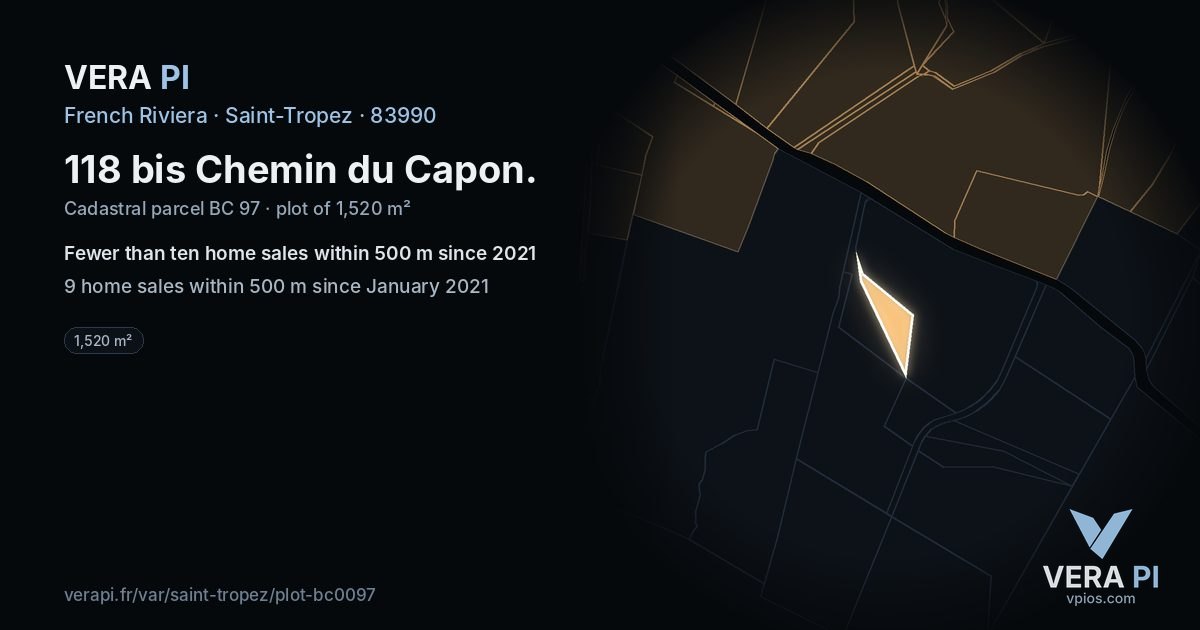 118 bis Chemin du Capon, Saint-Tropez at night – the plot lit, the parcels around coloured by the prices near them