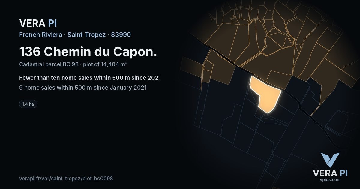 136 Chemin du Capon, Saint-Tropez at night – the plot lit, the parcels around coloured by the prices near them
