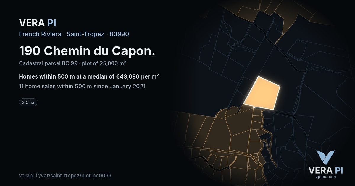 190 Chemin du Capon, Saint-Tropez at night – the plot lit, the parcels around coloured by the prices near them