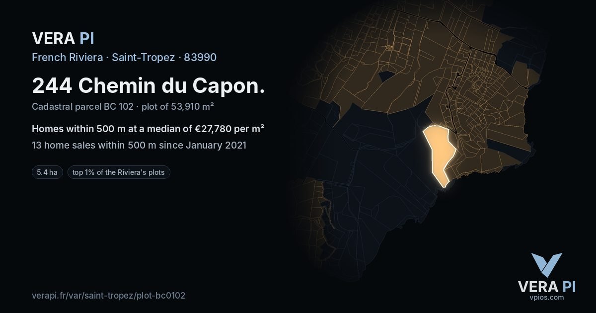 244 Chemin du Capon, Saint-Tropez at night – the plot lit, the parcels around coloured by the prices near them