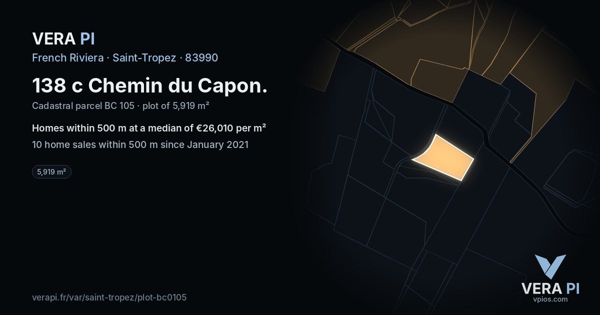 138 c Chemin du Capon, Saint-Tropez at night – the plot lit, the parcels around coloured by the prices near them