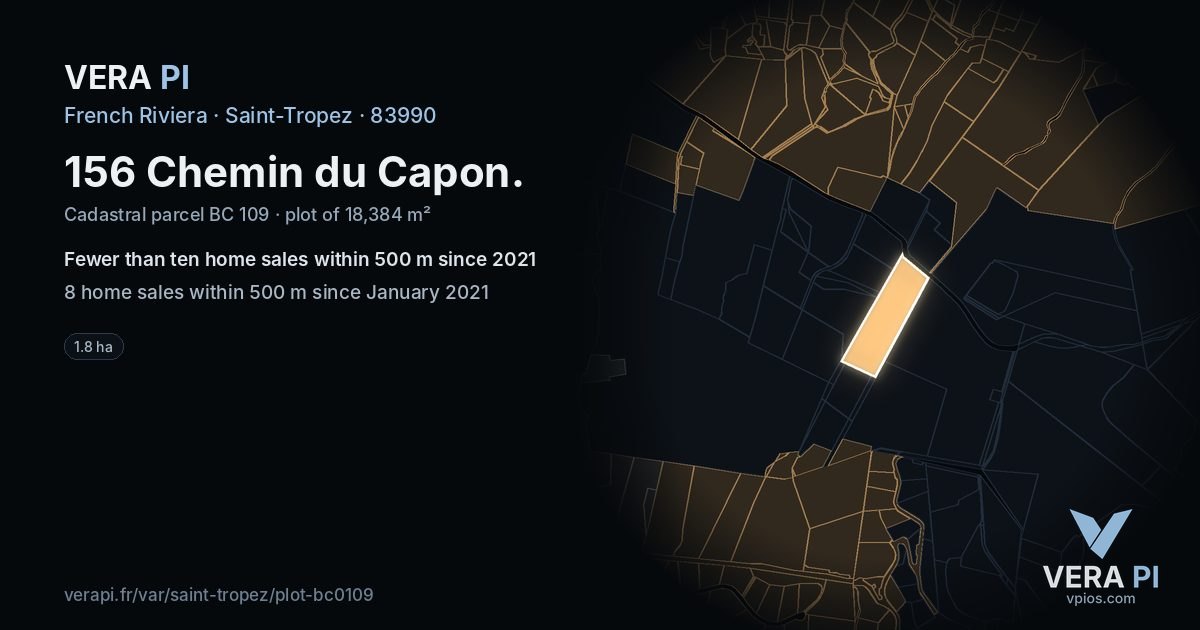 156 Chemin du Capon, Saint-Tropez at night – the plot lit, the parcels around coloured by the prices near them