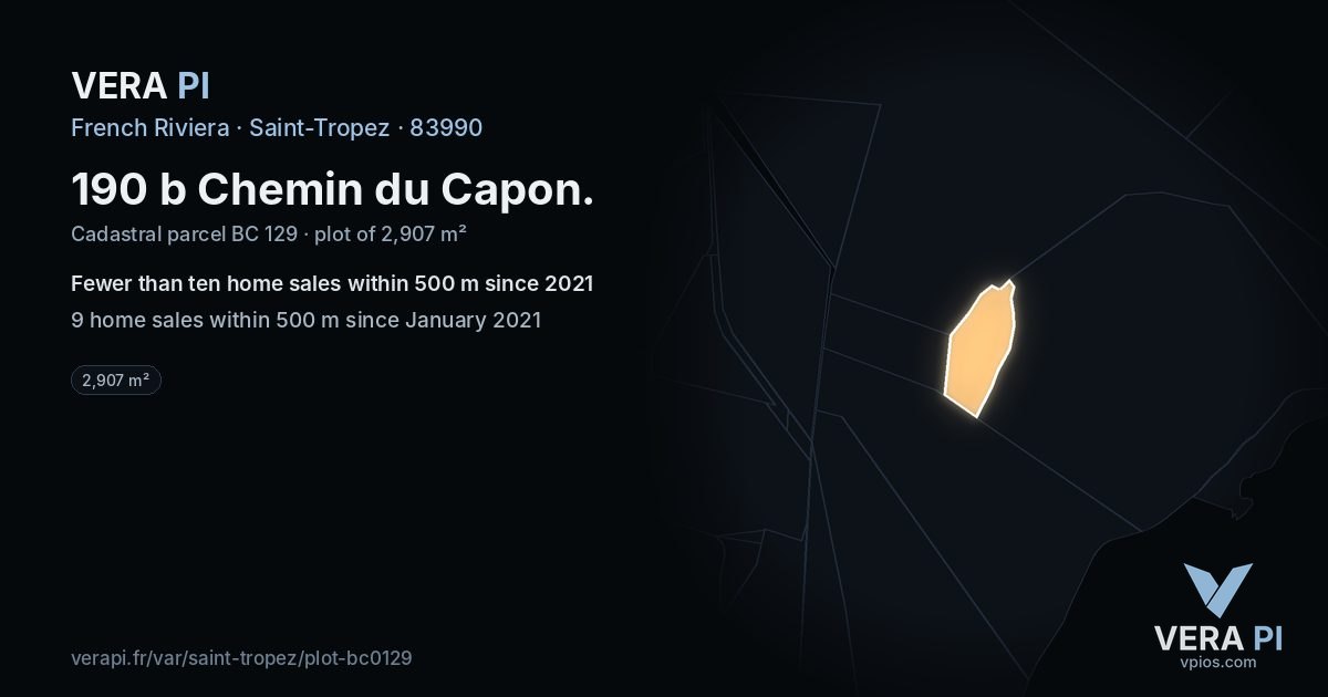 190 b Chemin du Capon, Saint-Tropez at night – the plot lit, the parcels around coloured by the prices near them