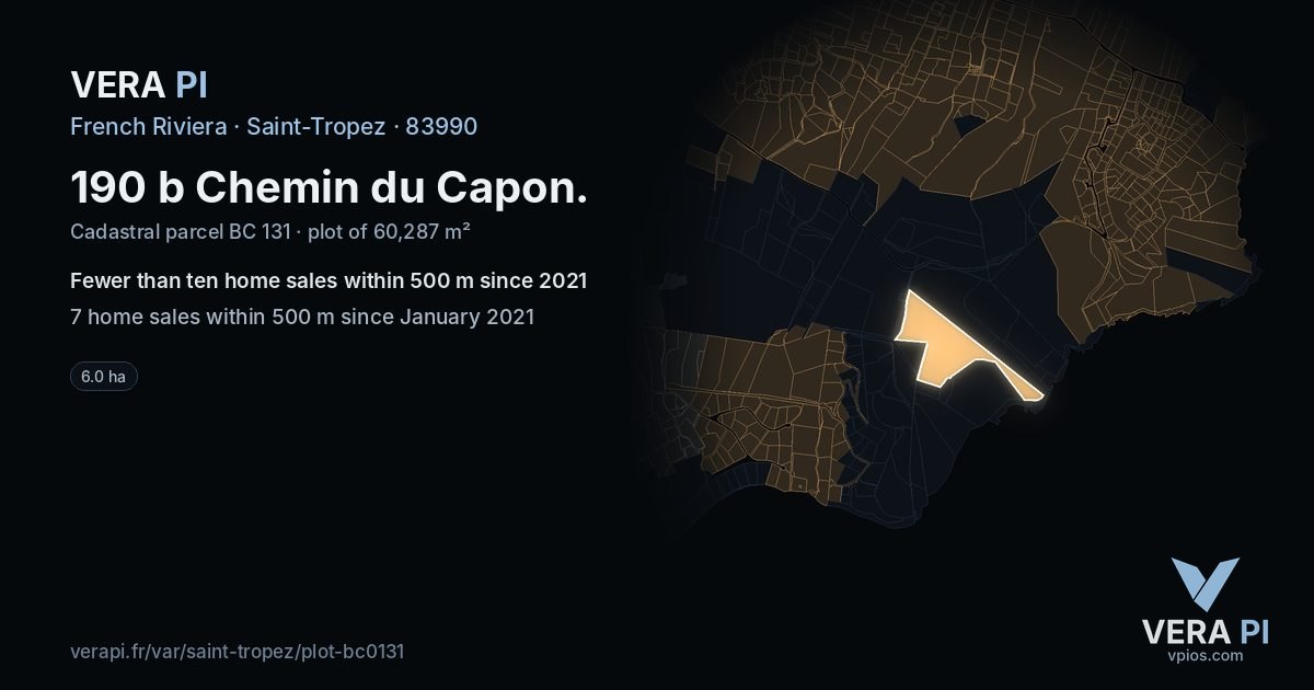 190 b Chemin du Capon, Saint-Tropez at night – the plot lit, the parcels around coloured by the prices near them