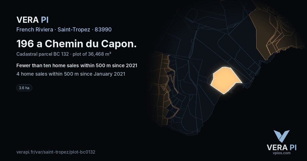 196 a Chemin du Capon, Saint-Tropez at night – the plot lit, the parcels around coloured by the prices near them