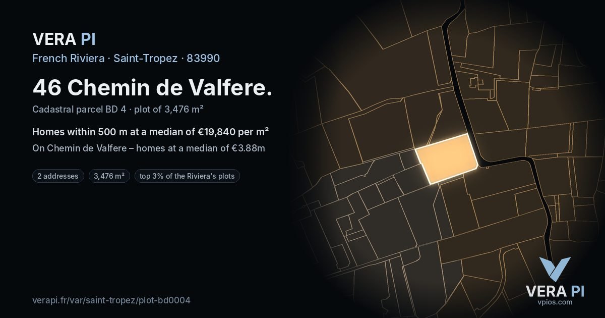 46 Chemin de Valfere, Saint-Tropez at night – the plot lit, the parcels around coloured by the prices near them
