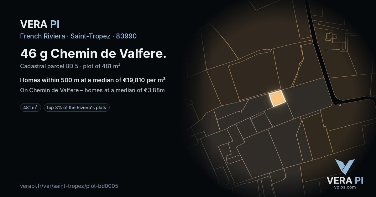 46 g Chemin de Valfere, Saint-Tropez at night – the plot lit, the parcels around coloured by the prices near them