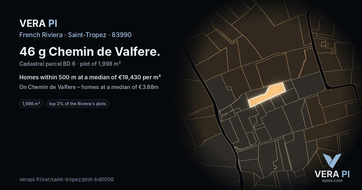 46 g Chemin de Valfere, Saint-Tropez at night – the plot lit, the parcels around coloured by the prices near them