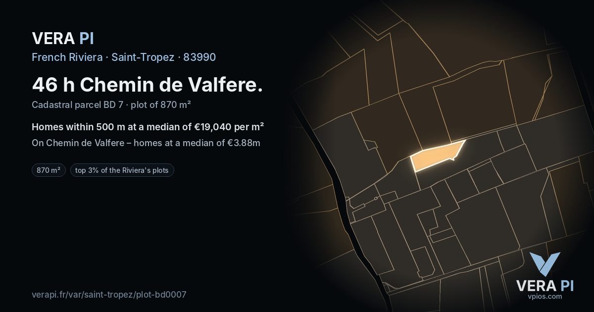 46 h Chemin de Valfere, Saint-Tropez at night – the plot lit, the parcels around coloured by the prices near them