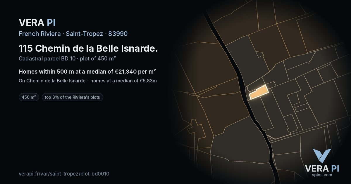 115 Chemin de la Belle Isnarde, Saint-Tropez at night – the plot lit, the parcels around coloured by the prices near them