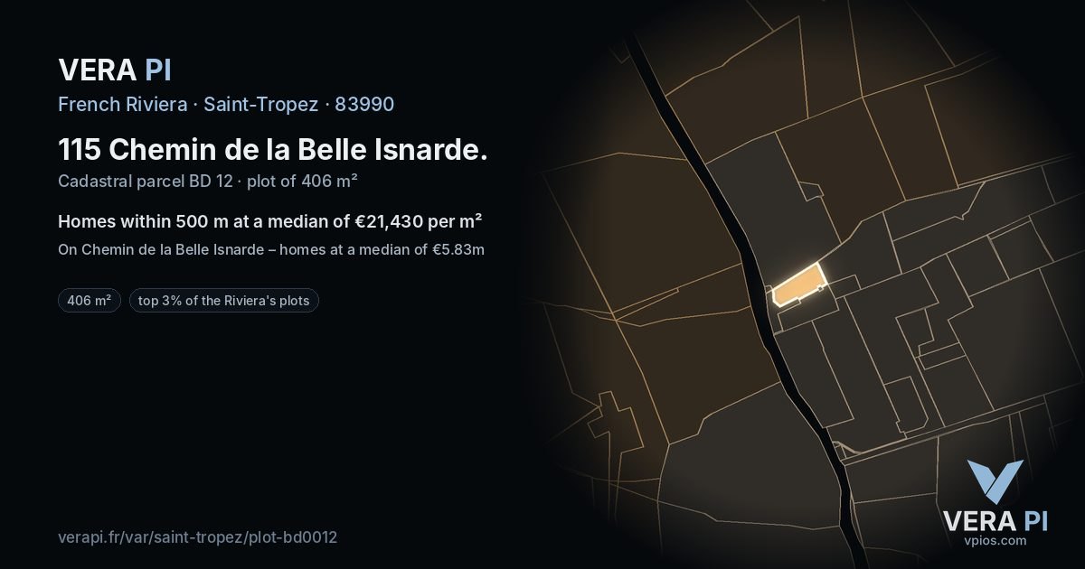 115 Chemin de la Belle Isnarde, Saint-Tropez at night – the plot lit, the parcels around coloured by the prices near them