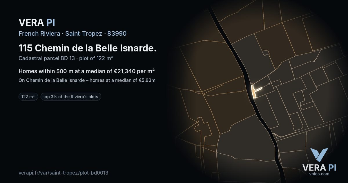 115 Chemin de la Belle Isnarde, Saint-Tropez at night – the plot lit, the parcels around coloured by the prices near them