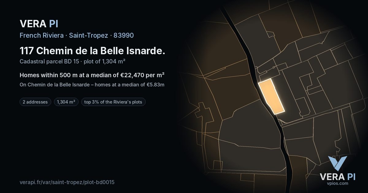 117 Chemin de la Belle Isnarde, Saint-Tropez at night – the plot lit, the parcels around coloured by the prices near them