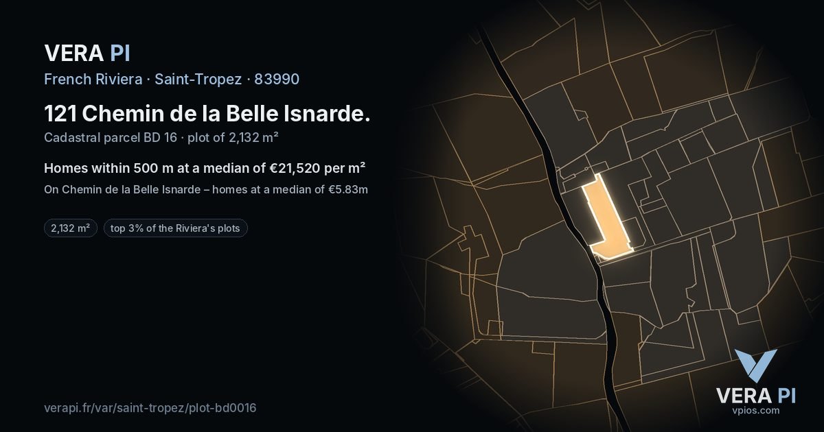 121 Chemin de la Belle Isnarde, Saint-Tropez at night – the plot lit, the parcels around coloured by the prices near them