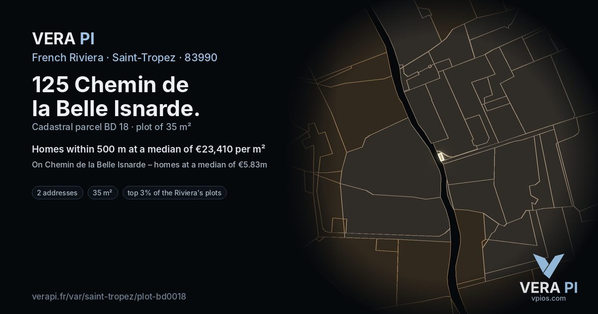 125 Chemin de la Belle Isnarde, Saint-Tropez at night – the plot lit, the parcels around coloured by the prices near them