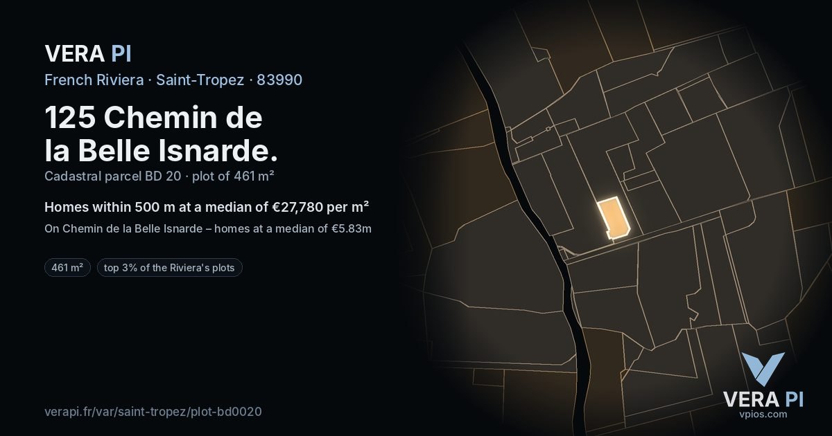 125 Chemin de la Belle Isnarde, Saint-Tropez at night – the plot lit, the parcels around coloured by the prices near them