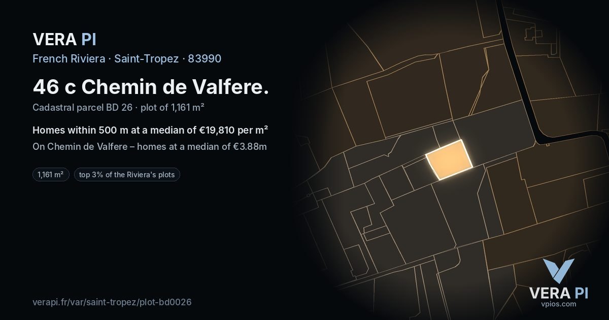 46 c Chemin de Valfere, Saint-Tropez at night – the plot lit, the parcels around coloured by the prices near them