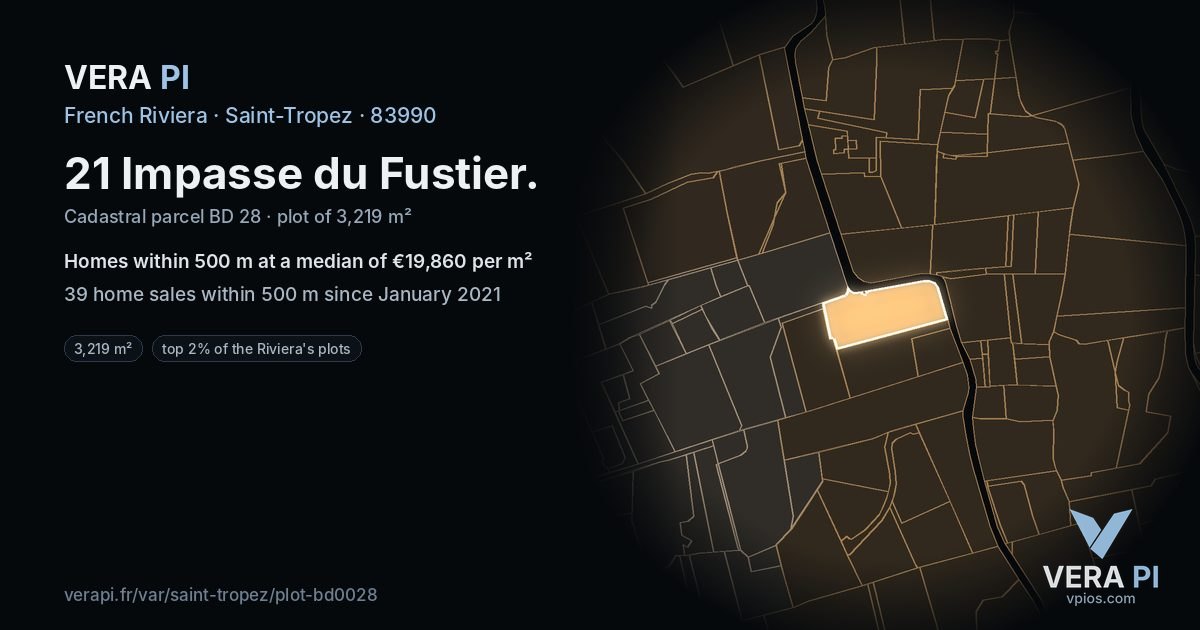 21 Impasse du Fustier, Saint-Tropez at night – the plot lit, the parcels around coloured by the prices near them