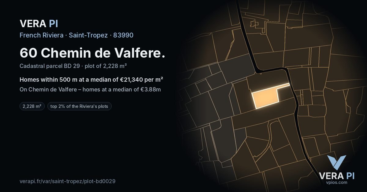 60 Chemin de Valfere, Saint-Tropez at night – the plot lit, the parcels around coloured by the prices near them