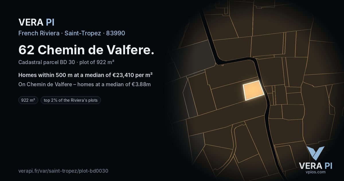 62 Chemin de Valfere, Saint-Tropez at night – the plot lit, the parcels around coloured by the prices near them