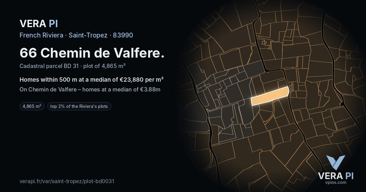 66 Chemin de Valfere, Saint-Tropez at night – the plot lit, the parcels around coloured by the prices near them