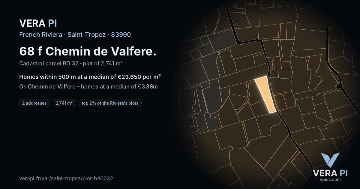 68 f Chemin de Valfere, Saint-Tropez at night – the plot lit, the parcels around coloured by the prices near them